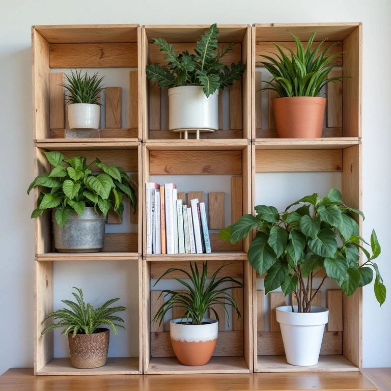 Caixotes de feira transformados em prateleiras rústicas e charmosas.