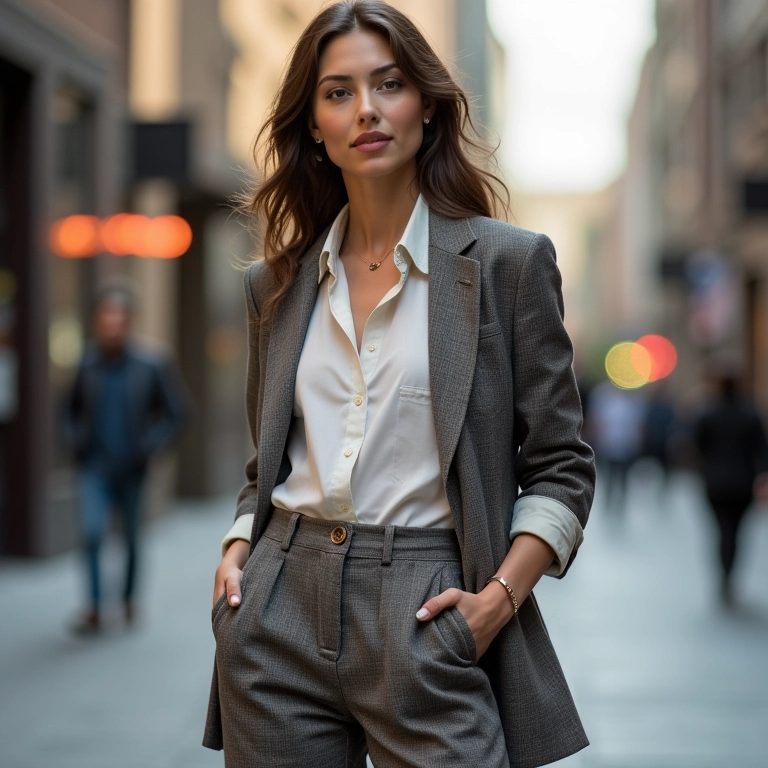 Calça clochard com blazer ou cardigan, criando um look elegante e moderno.