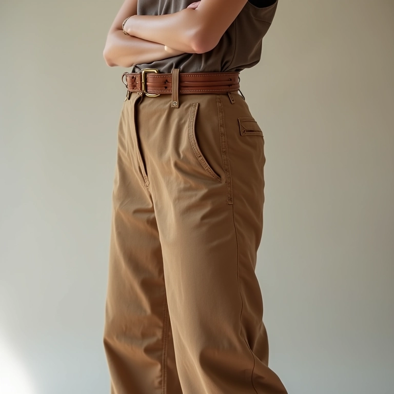 Calça clochard de cintura alta com cinto marcante, valorizando a silhueta.