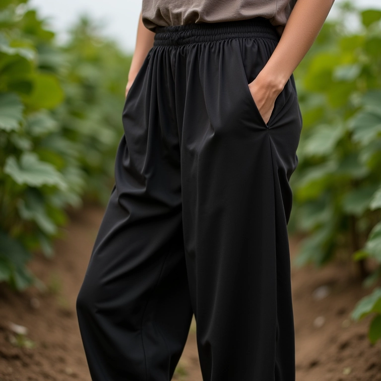 Calça clochard escura com tecido fluido, ideal para equilibrar o volume do quadril.