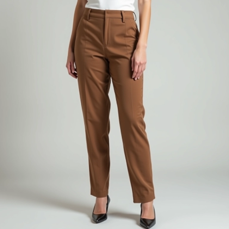 Calça de alfaiataria reta alongando a silhueta feminina.