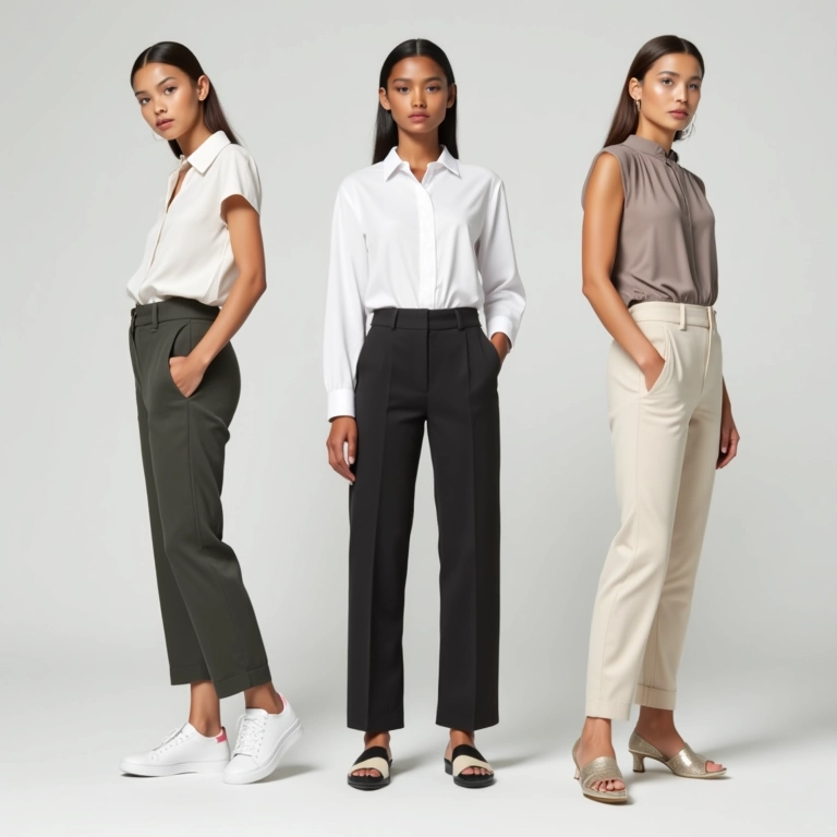 Calça de alfaiataria reta combinada com diferentes peças de roupa.