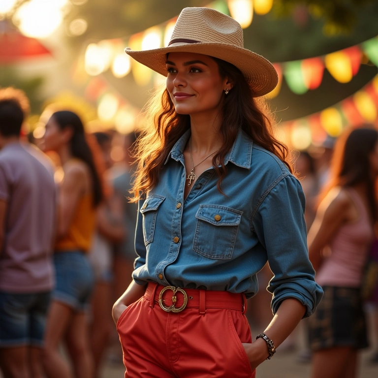 Calça de sarja colorida com camisa jeans: look alegre para o São João.
