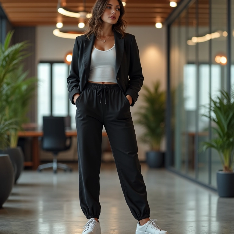 Calça jogging de alfaiataria com blazer em escritório moderno.