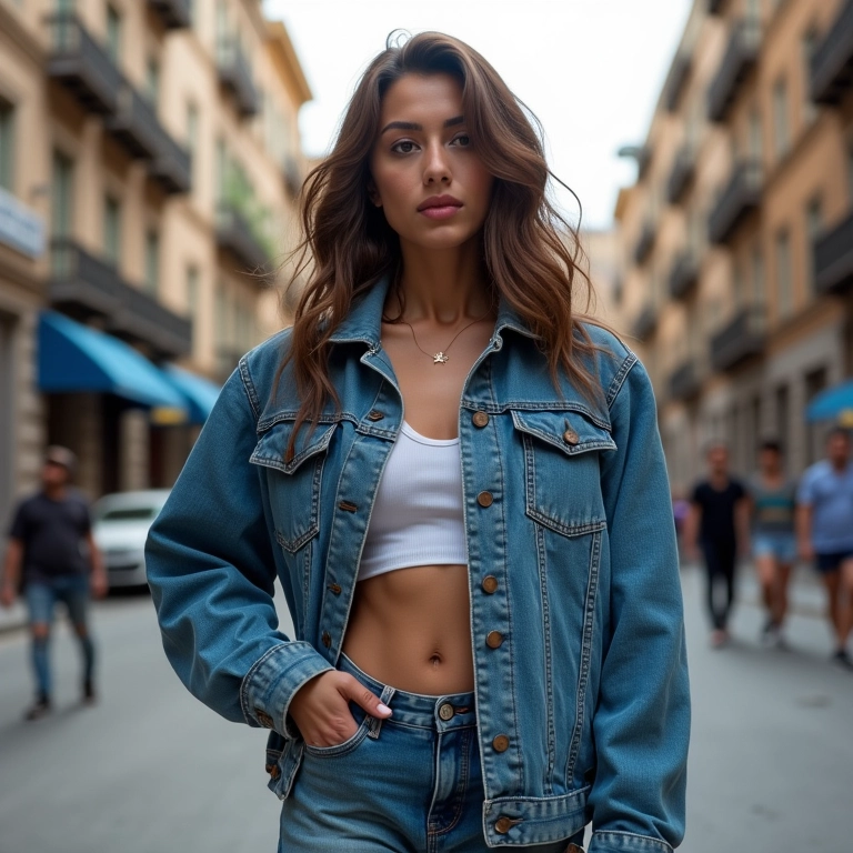 Calça pantacourt e jaqueta jeans para um toque despojado.