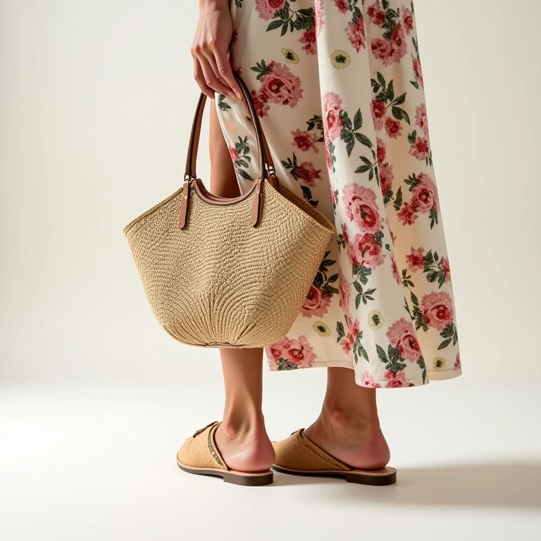 Calçados e acessórios Arezzo complementando vestido floral.