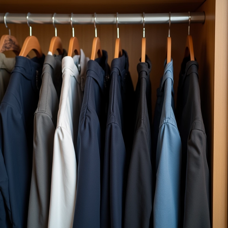 Calças sociais penduradas de forma organizada em um closet bem iluminado.