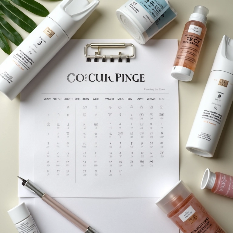 Calendário marcando sessões de radiofrequência facial com produtos de skincare.