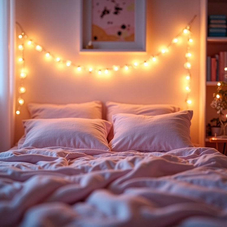 Cama aconchegante com luzes e almofadas em quarto Tumblr.