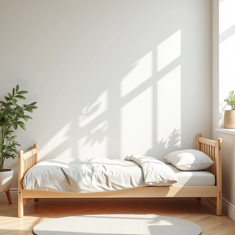 Cama baixa em quarto montessoriano iluminado.