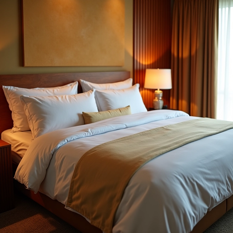 Cama de casal impecável em quarto de hóspedes, com roupa de cama confortável e convidativa.