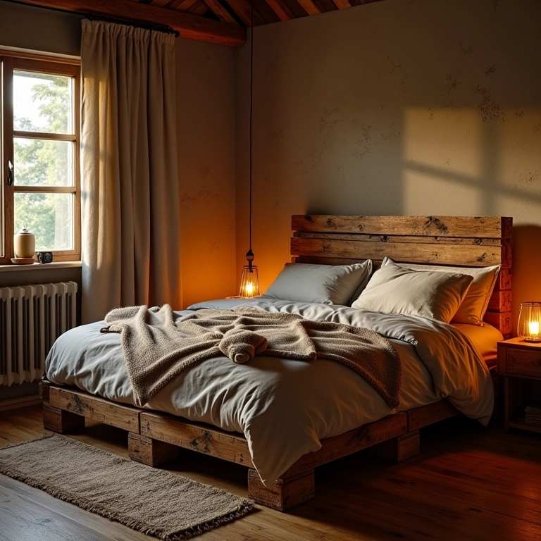 Cama de pallet rústica em quarto aconchegante com decoração brasileira.