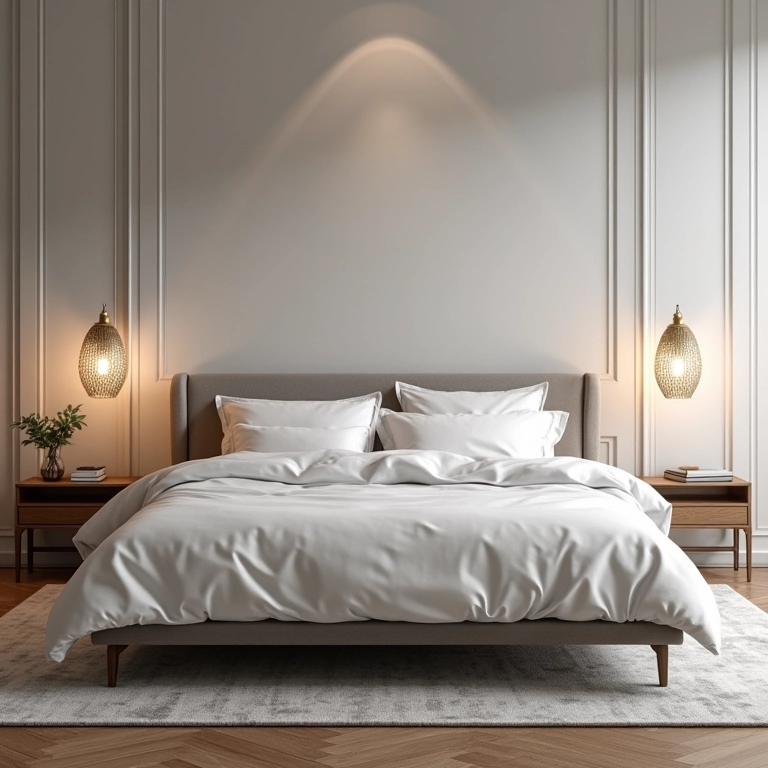 Cama king-size elegante em quarto de casal moderno.