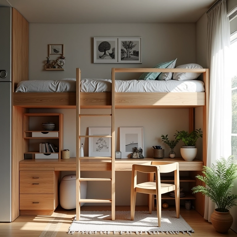 Cama suspensa em quarto pequeno.