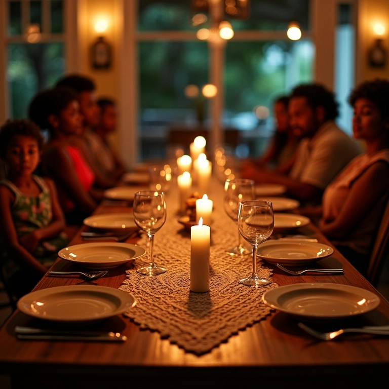 Caminho de mesa de crochê decorando a sala de jantar.