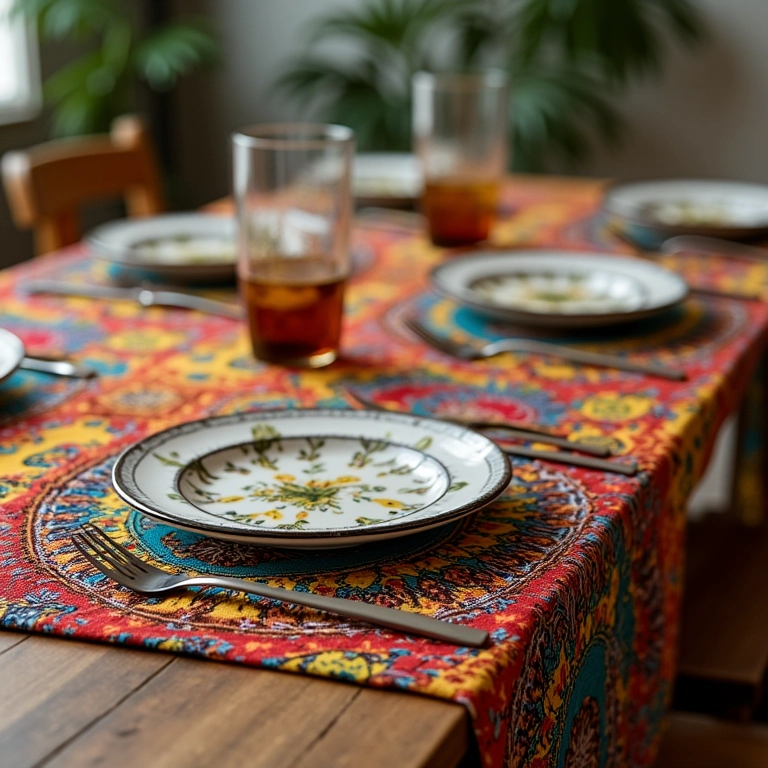 Caminho de mesa vibrante em mesa de madeira rústica.