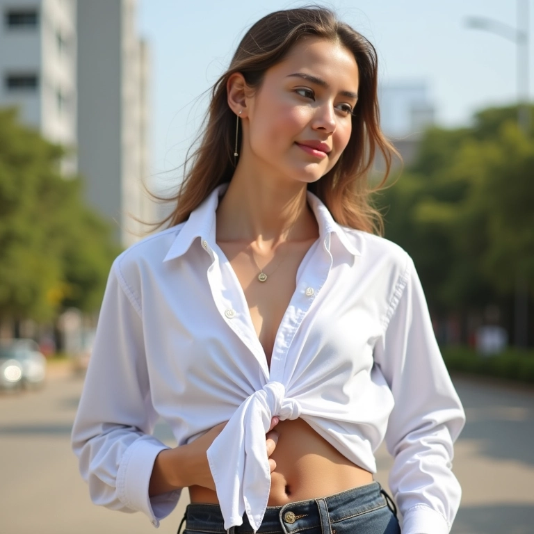 Camisa branca com nó frontal em cenário urbano brasileiro ensolarado.