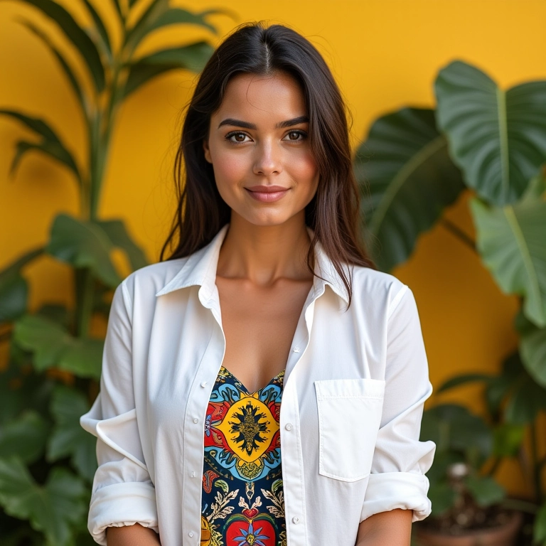 Camisa branca como terceira peça em look casual com toque brasileiro.