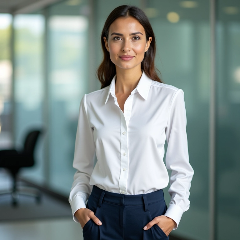 Camisa branca e calça de alfaiataria para um look de trabalho elegante.