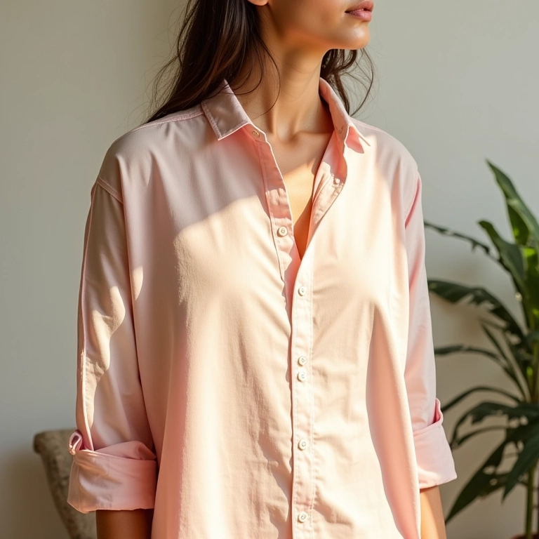 Camisa de linho cor pastel, ensolarada, parede branca.