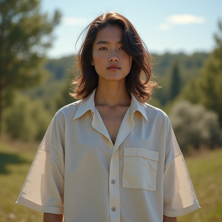 Camisa oversized compondo um look neutro e moderno.