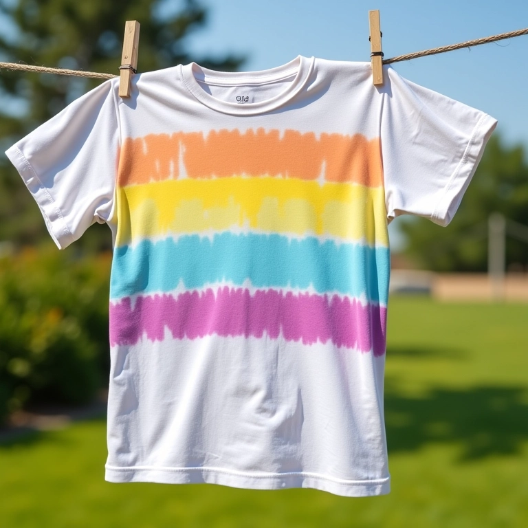 Camiseta com listras tie-dye coloridas pendurada no varal.
