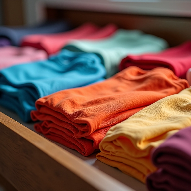 Camisetas dobradas de forma eficiente para otimizar o espaço na gaveta.