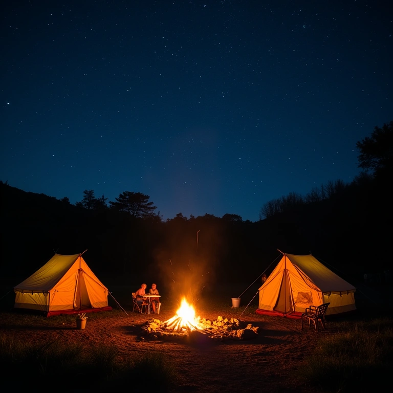Camping site in Imbituba, tents under the stars, bonfire. Nature, adventure. Lifestyle photography, Camping em Imbituba sob as estrelas, aventura e natureza.
