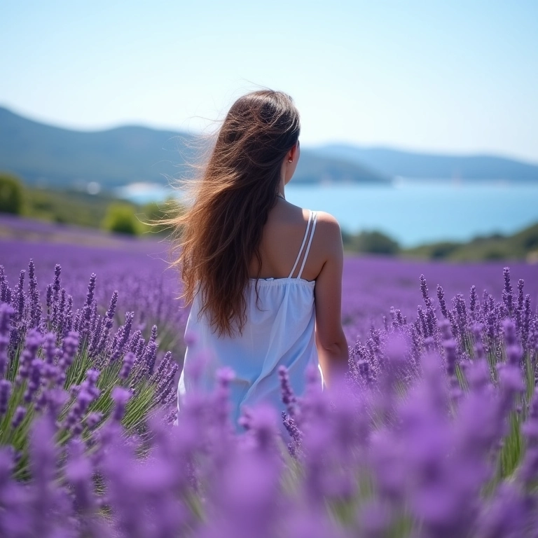 Campos de lavanda em Hvar, Croácia, com uma mulher apreciando a paisagem.