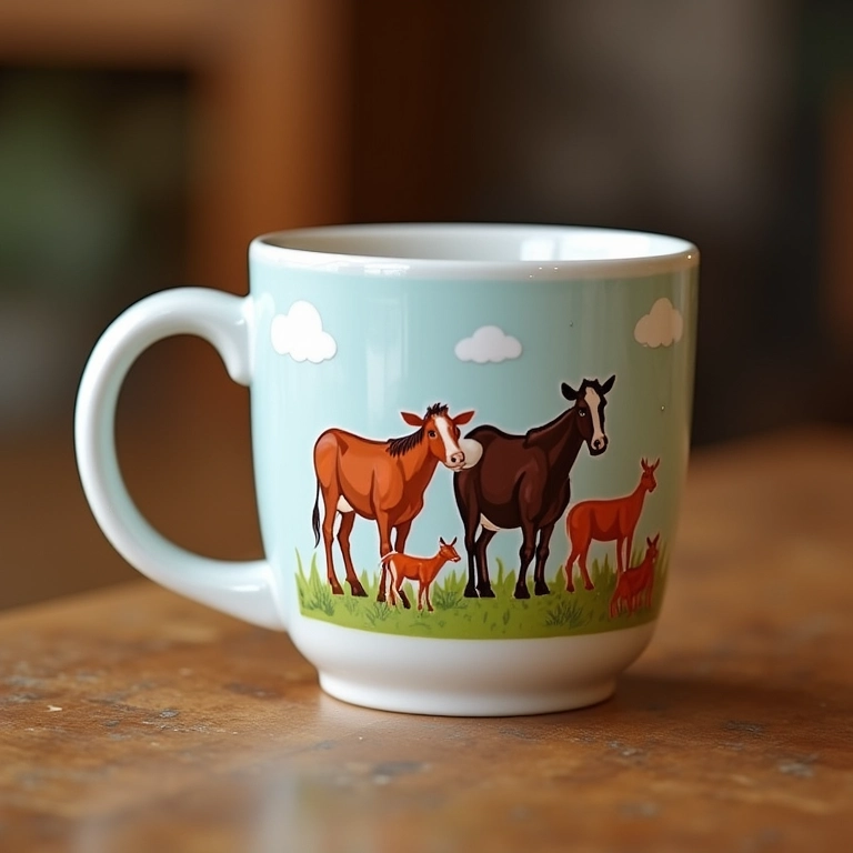 Canecas decoradas com motivos rurais.