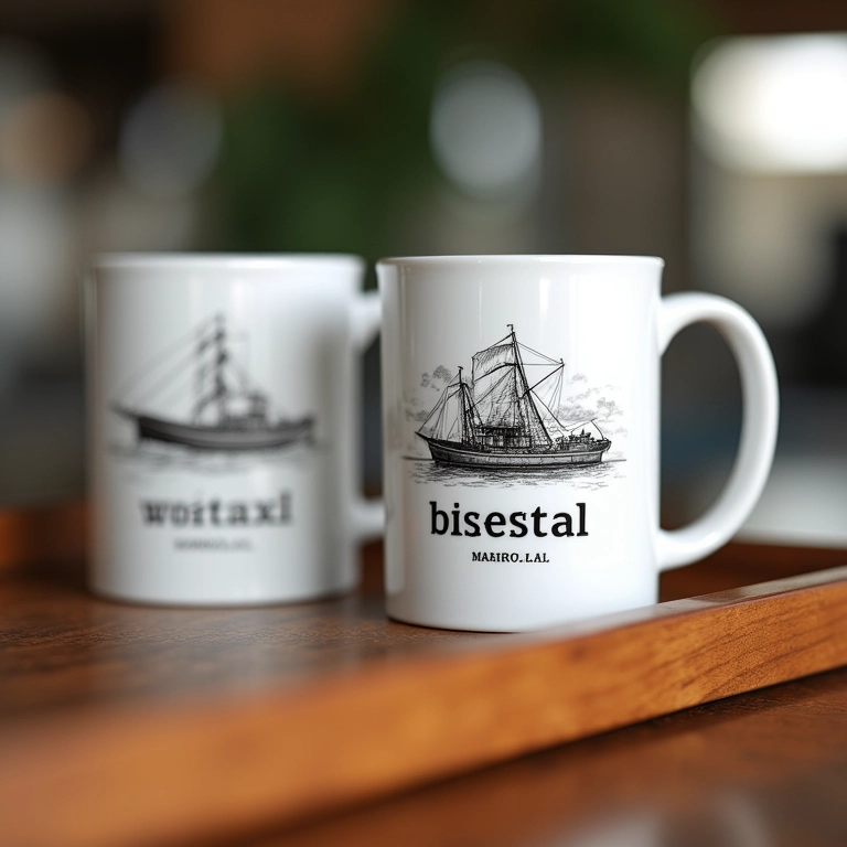 Canecas personalizadas com tema marítimo e nomes em bandeja de madeira.