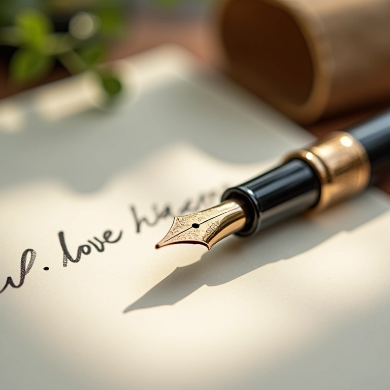Caneta elegante sobre papel especial com nota de amor escrita à mão.