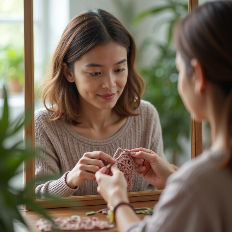 Canhota usando espelho para aprender crochê.