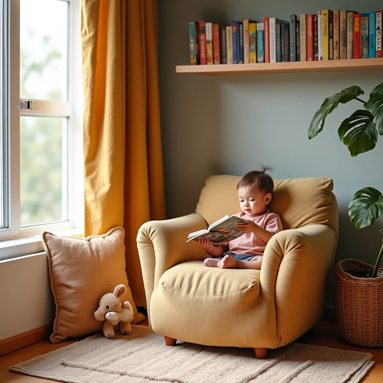 Cantinho da leitura aconchegante com livros coloridos.