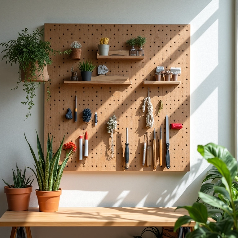 Cantinho de artesanato inspirador com painel de eucatex para organizar materiais e ferramentas.