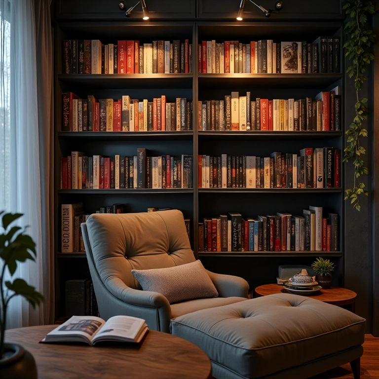 Cantinho de leitura aconchegante com estante industrial para livros.