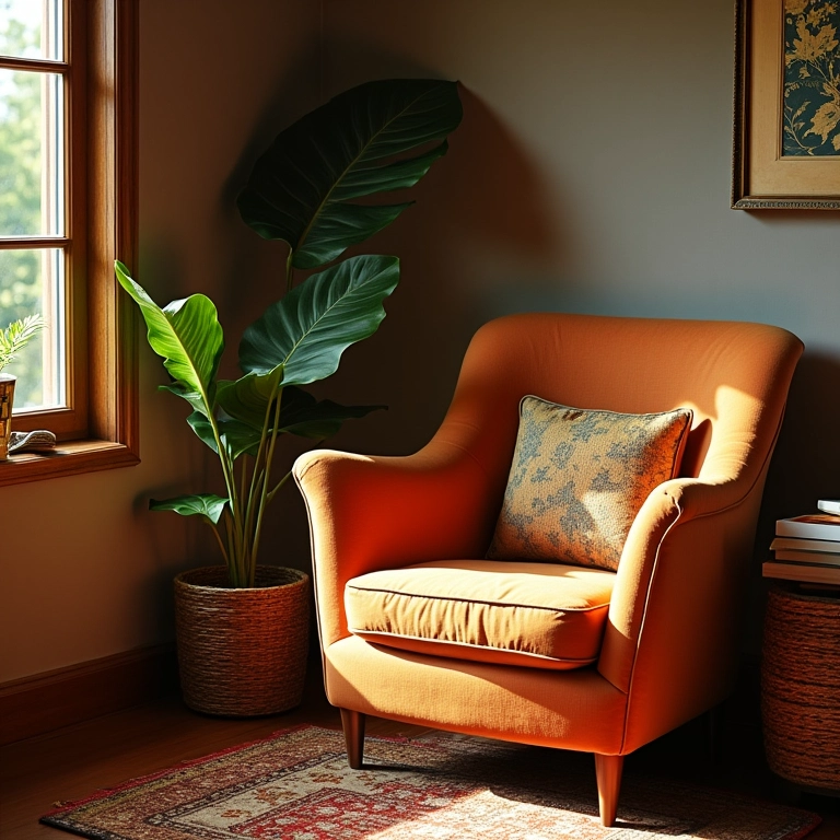 Cantinho de leitura aconchegante com poltrona e livros.