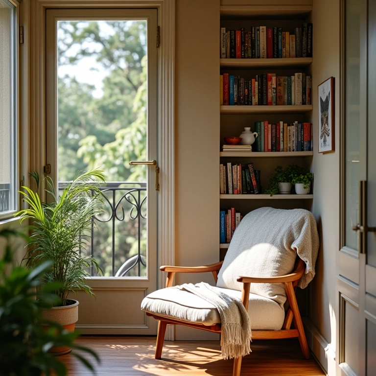 Cantinho de leitura aconchegante em varanda pequena.