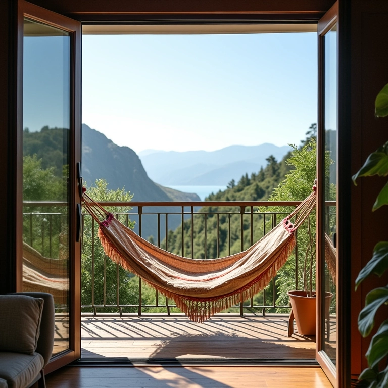 Cantinho de relaxamento na sacada com rede e cadeira confortável.
