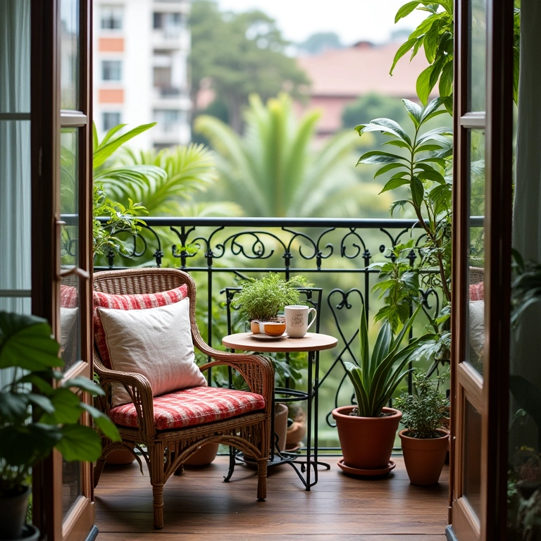 Cantinho do café relaxante em varanda de apartamento.