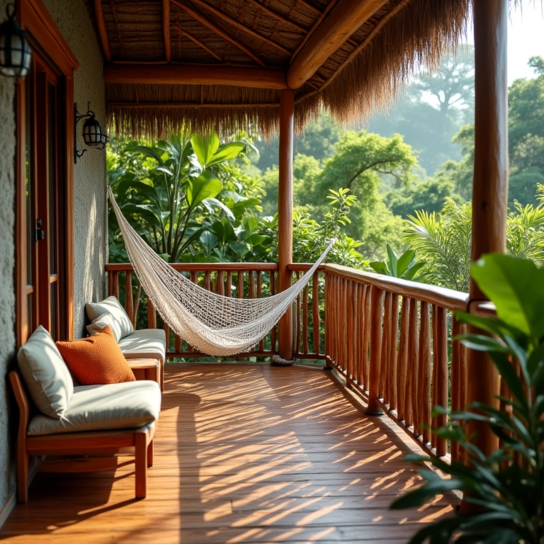 Cantinho para relaxar em uma sacada decorada.