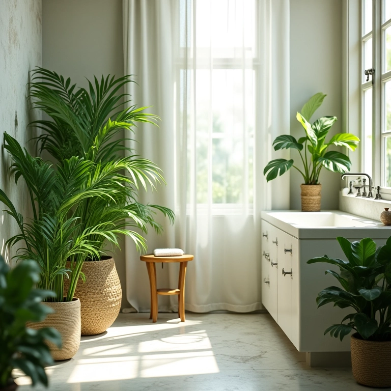 Cantinho zen no banheiro com plantas verdes e luz suave.