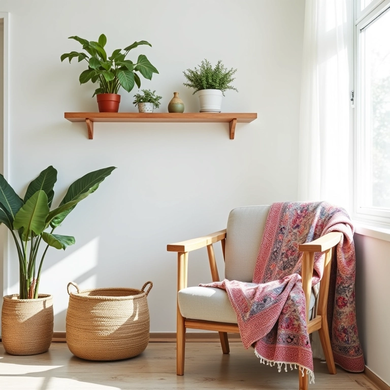 Canto da sala decorado com objetos acessíveis e cheios de charme.