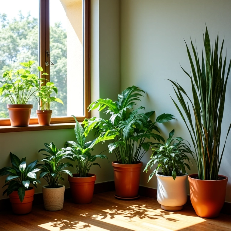 Canto de apartamento brasileiro transformado com plantas e vasos decorativos.