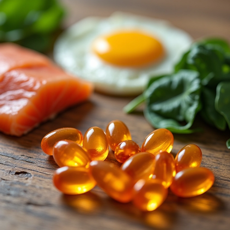 Cápsulas de vitaminas do complexo B e alimentos ricos nessas vitaminas para o crescimento capilar.