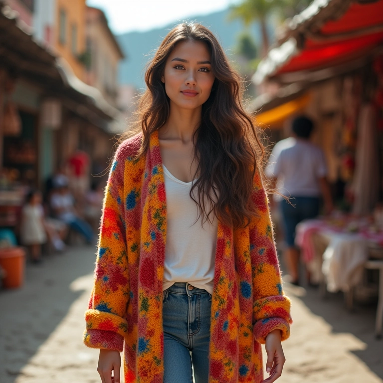 Cardigã colorido destacando em look neutro.