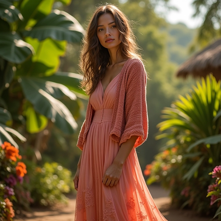 Cardigã cropped com vestido em jardim.