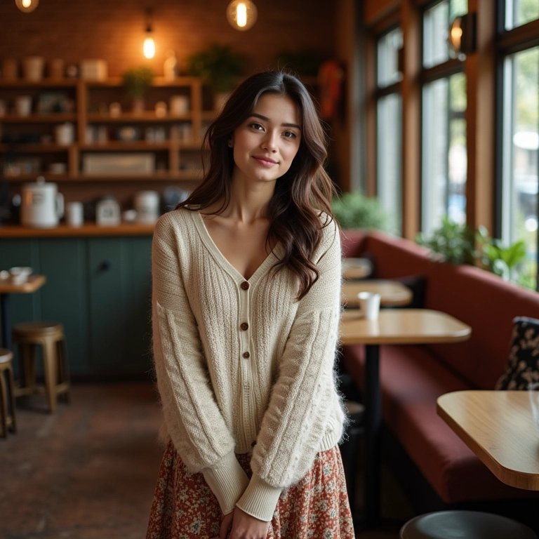 Cardigã de tricô com saia midi.