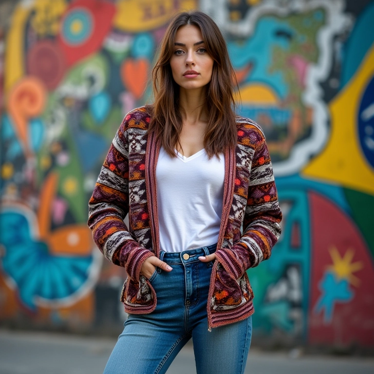 Cardigã estampado com calça skinny.