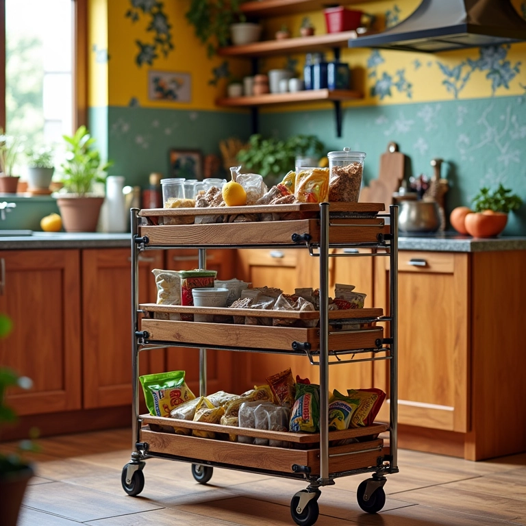 Carrinho organizador com rodinhas em despensa com compartimentos para lanches e ingredientes.